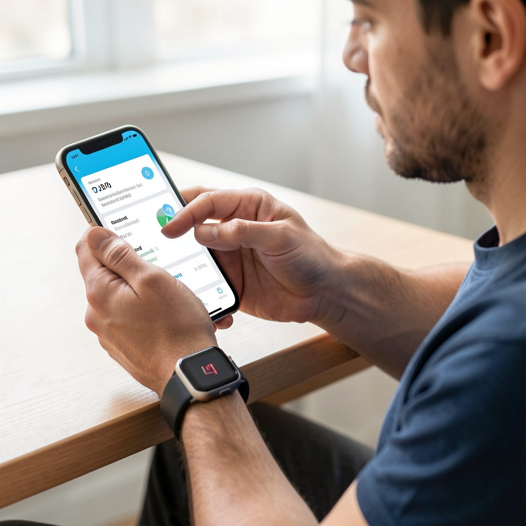 Pacijent koristi mobilnu aplikaciju za praćenje zdravlja, smartwatch na ručnom zglobu mjeri srčani ritam i razinu kisika