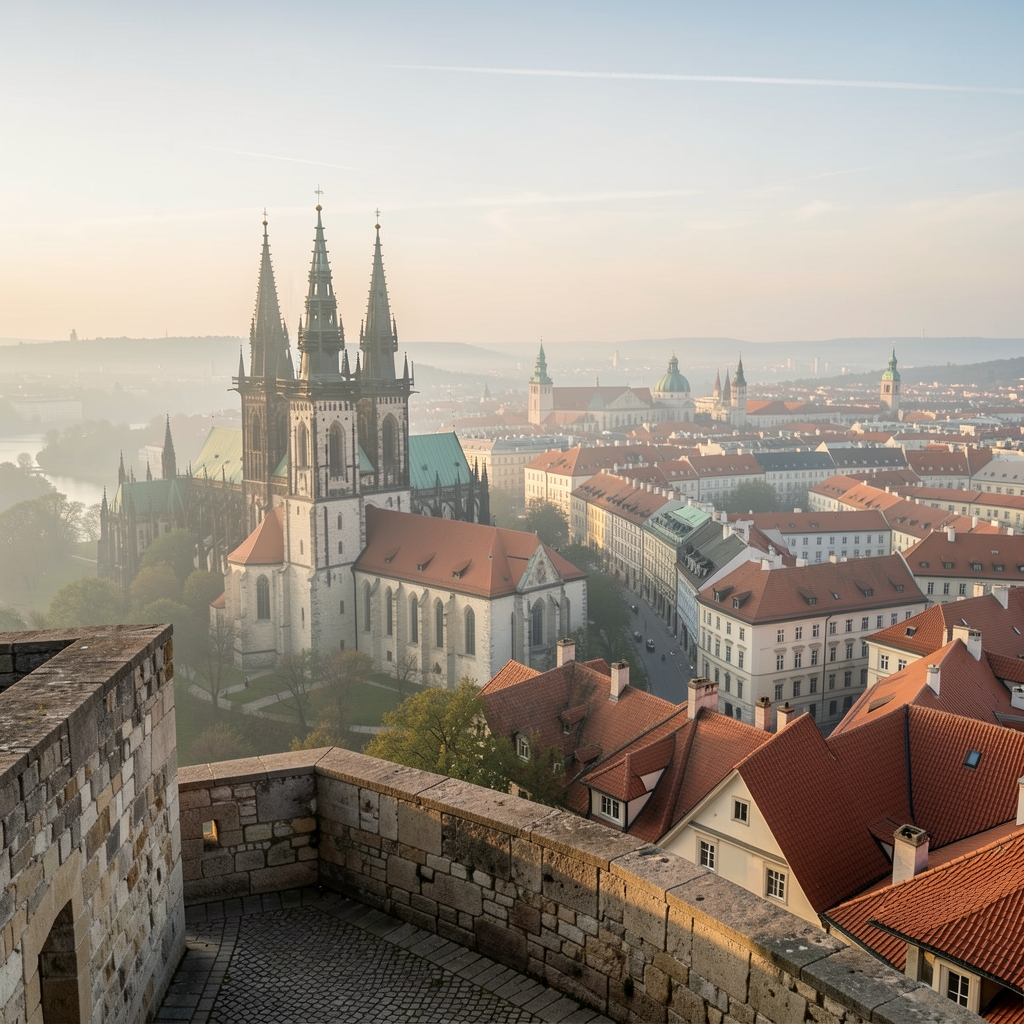 Panoramski pogled na Zagreb iz tvrđave Gradec — katedrala i stari grad u jutarnjem svjetlu
