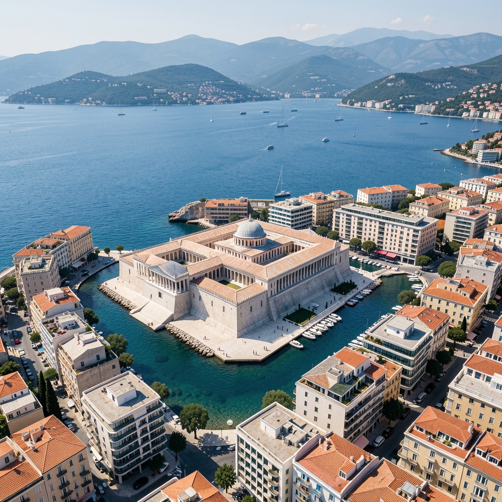 Panoramski pogled na Split iz zraka — Dioklecijanova palača okružena modernim gradom i plavim Jadranskim morem u pozadini
