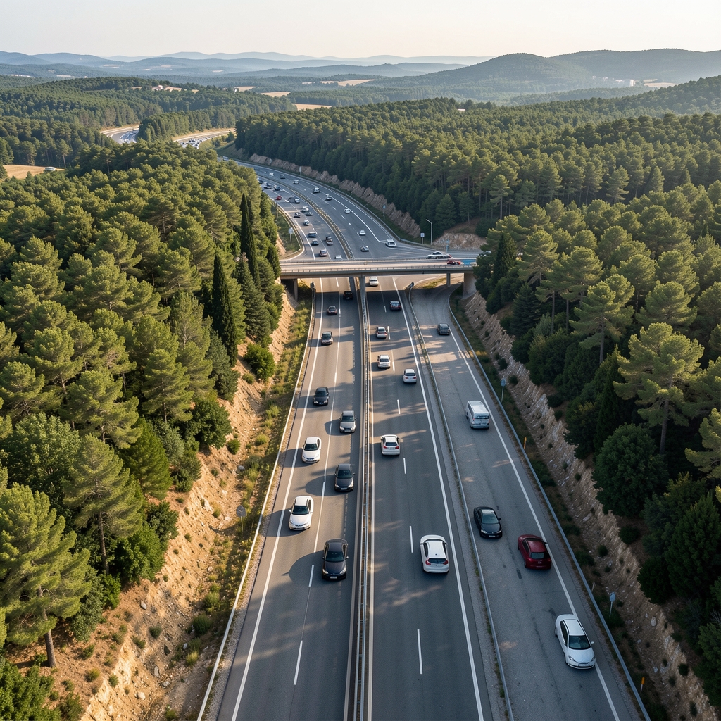 Autocestu A1 Zagreb-Split snimljenu iz helikoptera, vidljivi brodovi automobila i okolni pejzaž mediteranske šume