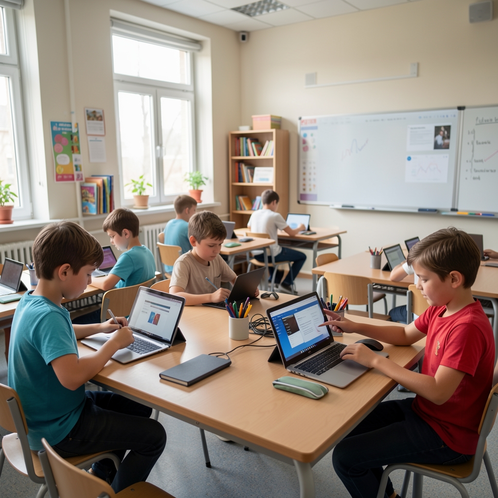 Učionica opremljena tabletima i modernom opremom, djeca osnove škole aktivno rade na digitalnim zadacima