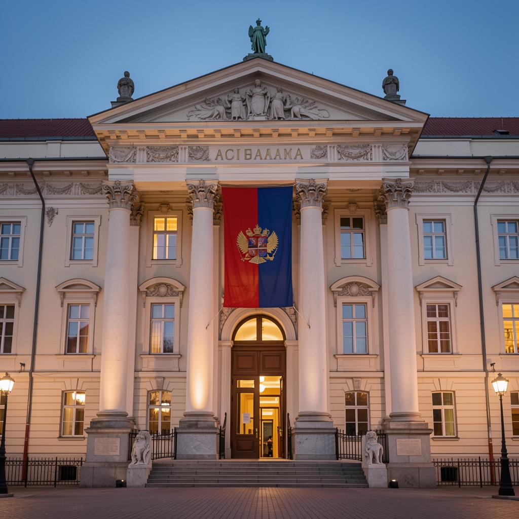 Zgrada Hrvatskog sabora u Zagrebu s državnom zastavom na pročelju — svečano osvjetljenje u večernjim satima
