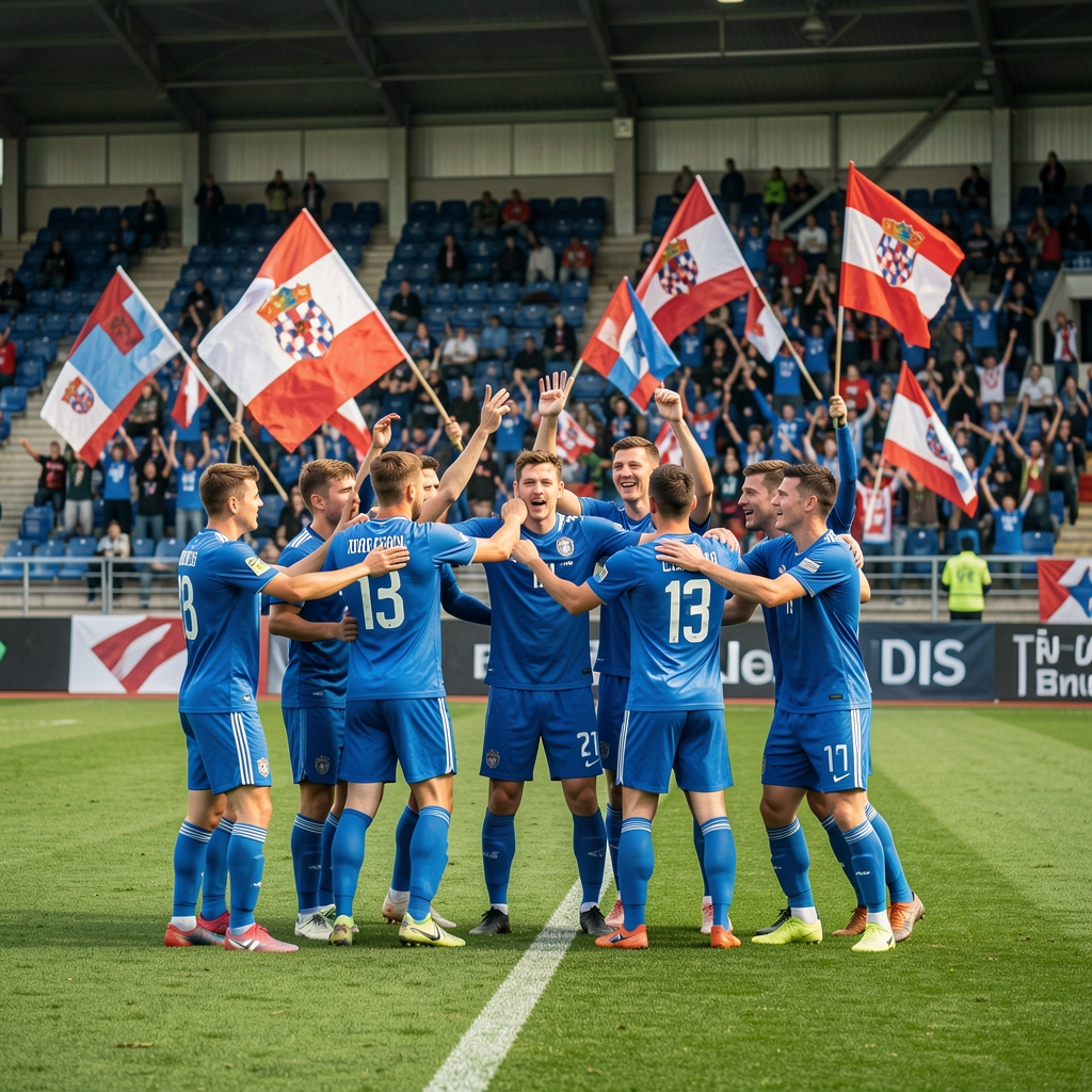 Nogometaši hrvatske U21 reprezentacije u plavim dresovima proslavljaju pogodak na stadionu s navijačima koji mašu zastavama