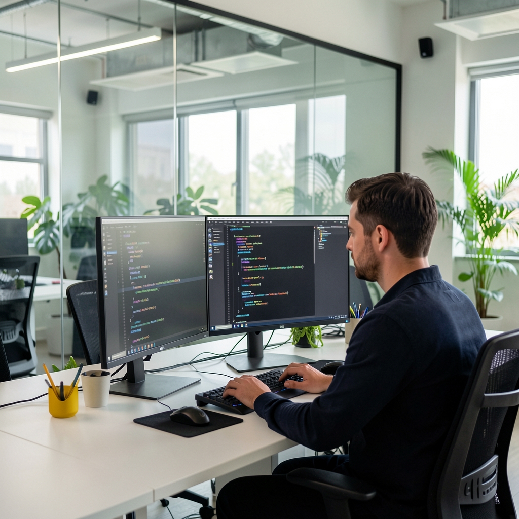 Programer radi na kodu na dual-monitor postaji u modernom tech uredu sa staklenim zidovima i zelenilom