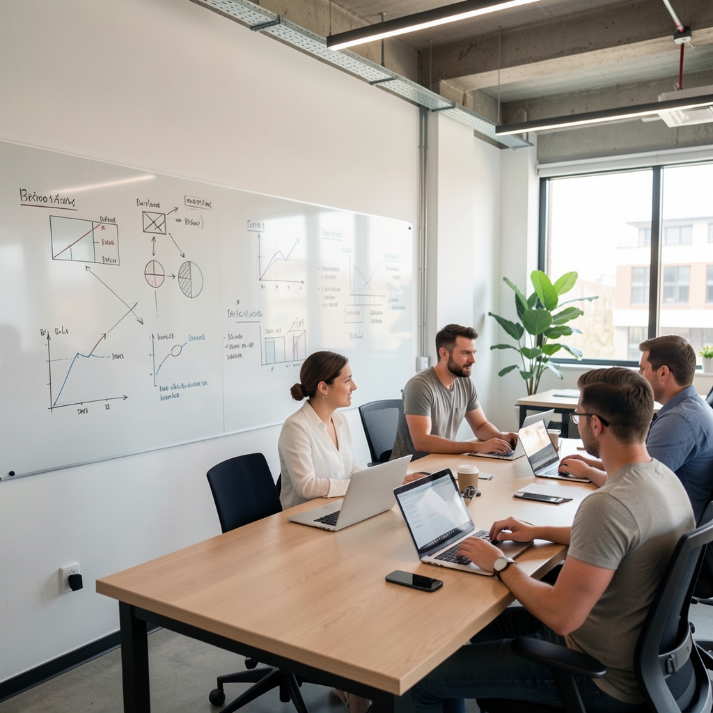 Tim startupa radi u otvorenom uredskom prostoru — bijele ploče s dijagramima, laptopi i suradnička atmosfera u modernom co-working centru