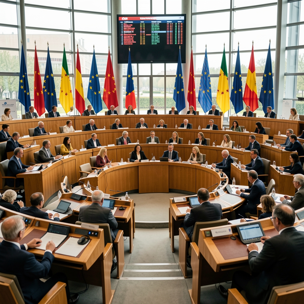 Sjednica Europskog parlamenta u Strasbourgu — zastupnici u hemiciclu, europske zastave u pozadini, glas na digitalnoj ploči