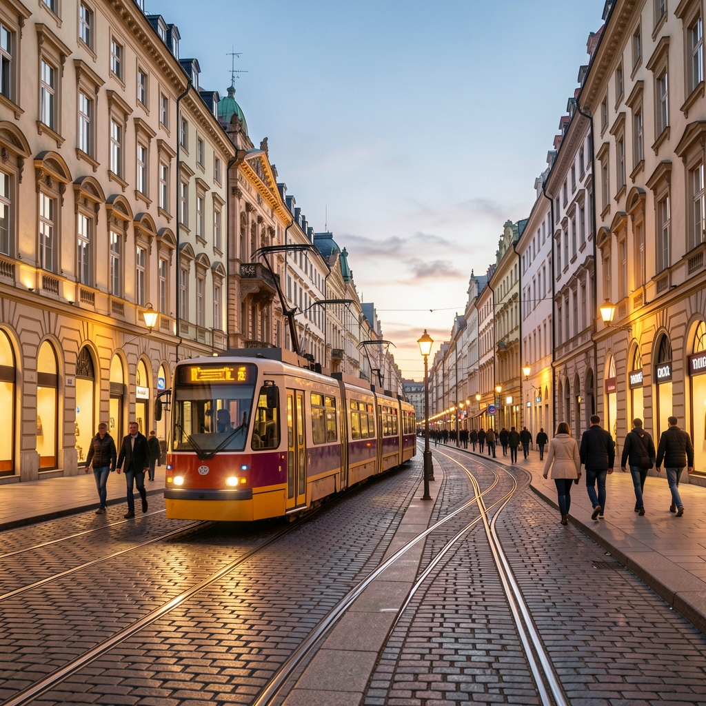Trg bana Jelačića u Zagrebu u večernjim satima — tram prolazi, pješaci šeću, osvjetljene fasade zgrada